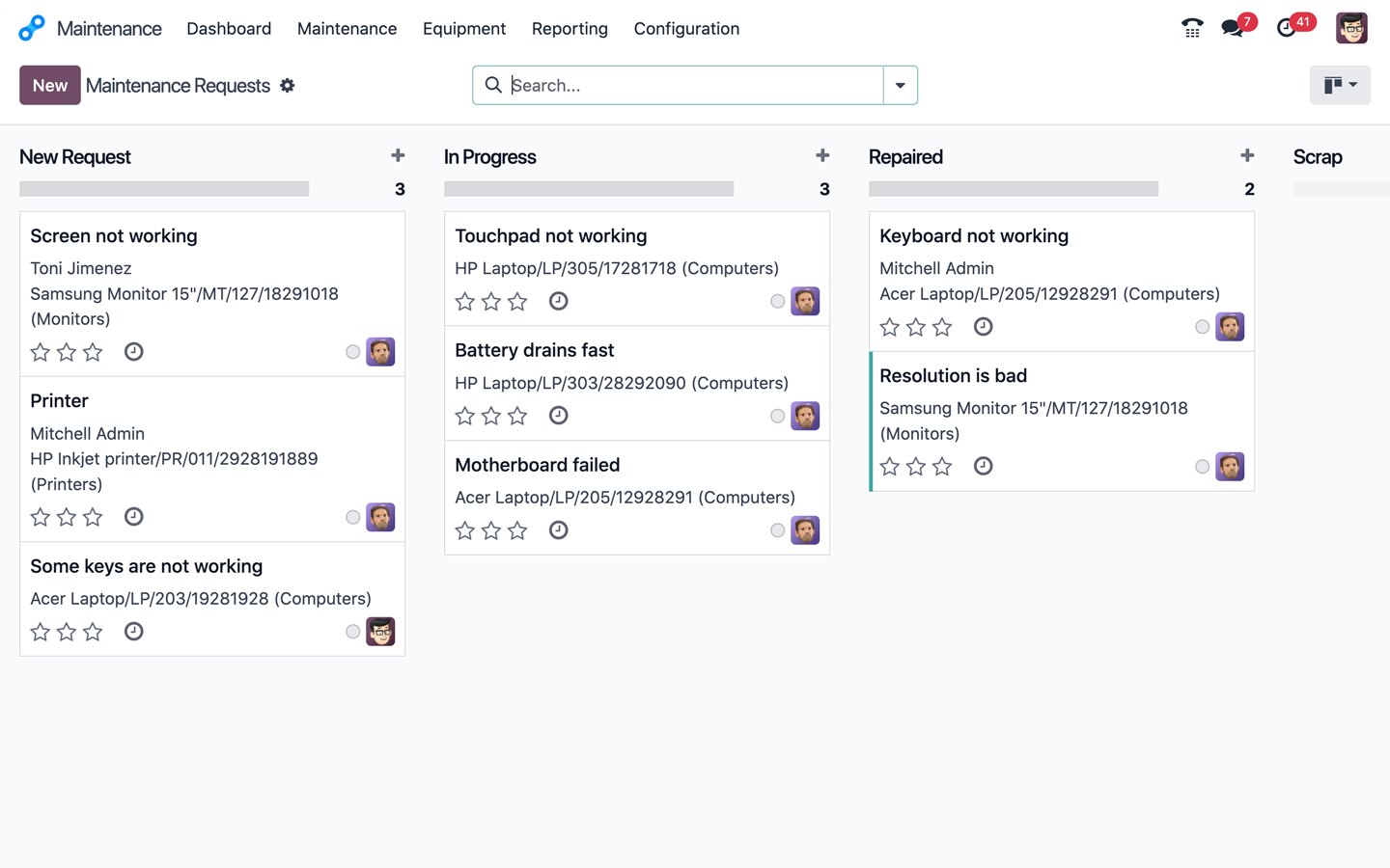 Giao diện Odoo Bảo trì hiển thị thiết bị 